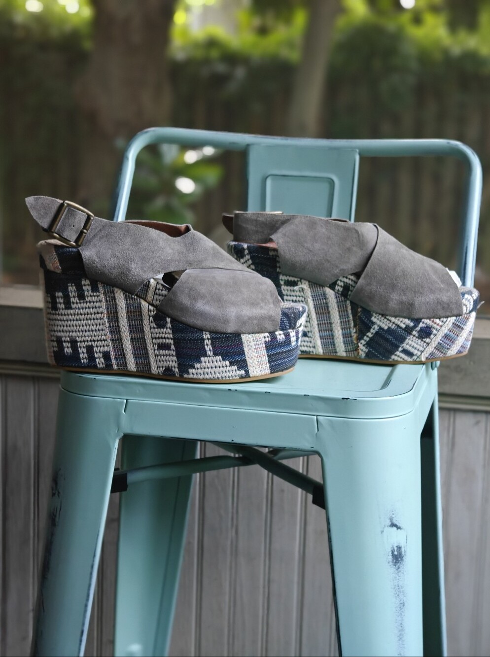 Gray Suede Crisscross Platform Sandals with Patterned Wedge